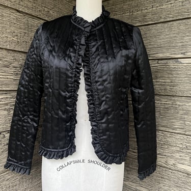 black quilted jacket vintage silky ruffle open front jacket small 