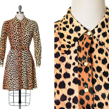 Vintage 1970s Shirt Dress | 70s Cheetah Animal Print Jersey Fit and Flare Dagger Collar Long Sleeve Shirtwaist Day Dress (small/medium) 