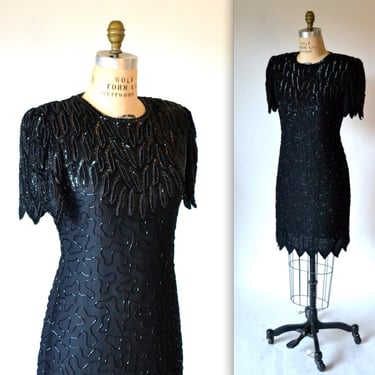 90s Vintage Black Beaded Sequin Dress Size Medium 90s Party Dress in Black Medium Laurence Kazar Art Deco 20s Flapper Inspired 