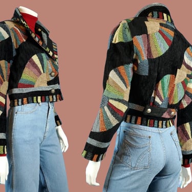 1980s western sunray jacket! Abstract psychedelic groovy tapestry loose weave crop unique vintage. (XS) 
