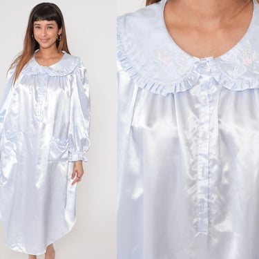 Vintage 80s Satin Nightgown Light Blue with Embroidered Ruffle Peter Pan Collar and Pockets Midi Pajama Dress Sleepwear Oversized Medium 