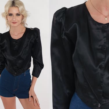 Black Crop Top 80s Satin Puff Sleeve Blouse Button up Party Cropped Shirt Retro Formal Gothic Cocktail Chic Vintage 1980s Extra Small xs 