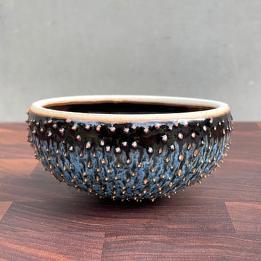 Ceramic Urchin Bowl- Glossy Blue/ Brown Exterior/ Glossy Black Interior 