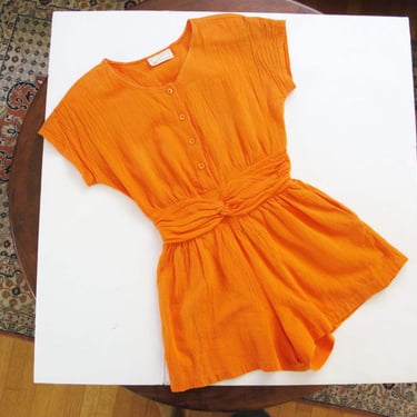 Vintage Women Romper Shorts M L - 80s Tangerine Orange Cotton Playsuit - Solid Color - Gauze Cotton Textured 