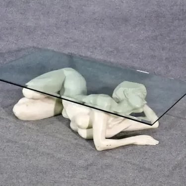 Carved Marble Figure of a Nude Woman Coffee Table Glass Top