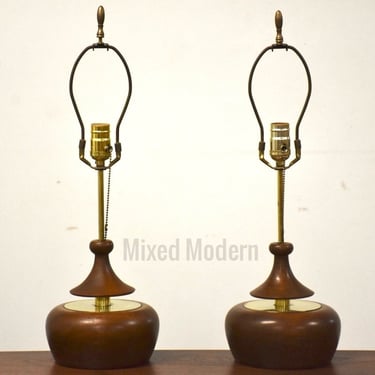 Walnut and Brass Table Lamps - A Pair 