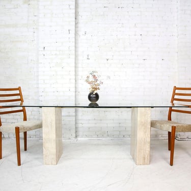 Vintage MCM Italian Travertine pedestal base and glass top dining table | Free delivery in NYC and Hudson Valley areas 