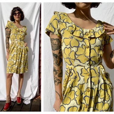 1940's Cotton Dress / Floral Scoop Neck Forties Dress / Garden Party Dress / War Era Dress / Botanical Dress / Yellow and Blue 