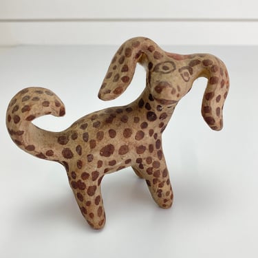 Vintage Pottery Clay Folk Art Spotted Dog Figure Figurine Terracotta Mexico Handmade 