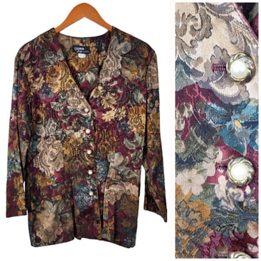 Vintage 80s Floral Blazer Jacket size 12/14 Cottagecore Jaquard lace Royalcore 