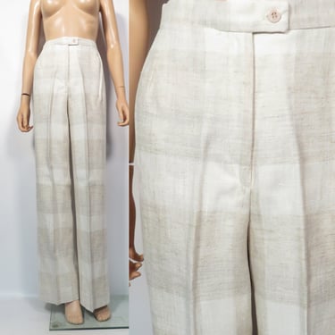 Vintage 70s Deadstock Wide Leg Linen High Waist Plaid Pants Fully Lined Union Label Size 26 x 32 