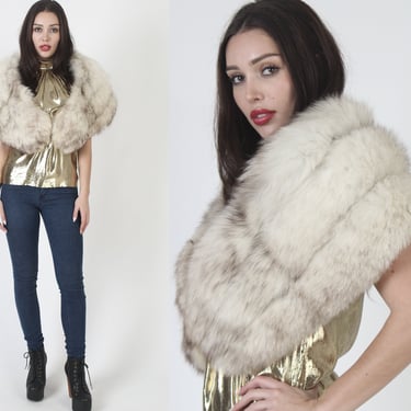 60s Chubby Plush Arctic Fox Fur Stole, Vintage Natural Real Wedding Cape, Classic Panelled Wedding Wrap 