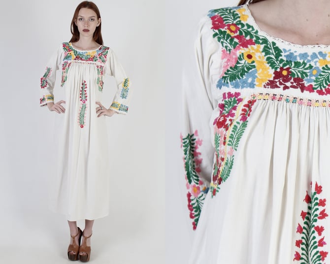 Long Sleeve Oaxacan Dress, White Cotton Mexican Dress, Vintage 70s Womens Hand Embroidered Maxi Dress, Dia De Los Muertos Style Long Dress 