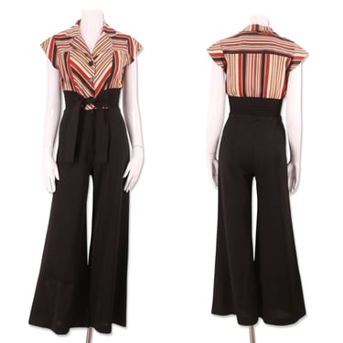 70s black striped bell bottom jumpsuit M / vintage 1970s poly disco era all in one wide bell bottoms pants romper 
