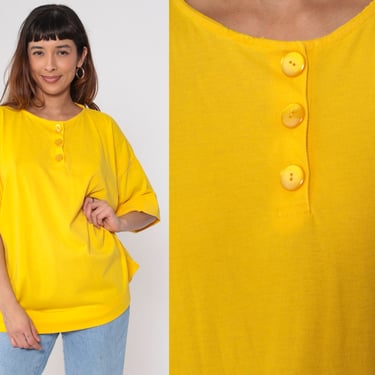 Yellow Henley Shirt 80s 90s Short Sleeve T-Shirt Button up TShirt Bright Spring Tee Retro Basic Plain Top Vintage 1980s Plus Size 22/24 