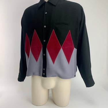 1950's Harlequin Shirt - Black Rayon with Large Argyle Diamonds - Light Summer Weight Fabric - Red Velveteen Diamonds - Men's LARGE to XL 