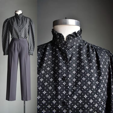 Vintage 1980s Black Gothic Prairie Blouse / Vintage 1980s does Victorian Style Blouse / Vintage Button Up High Collar Blouse Small 