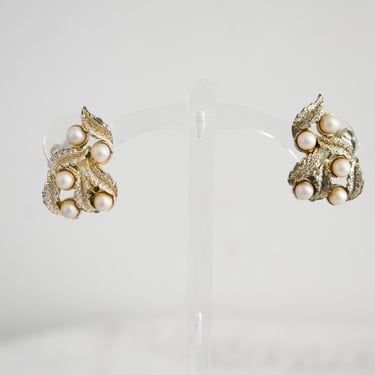 1960s Faux Pearl Leaf Clip Earrings 