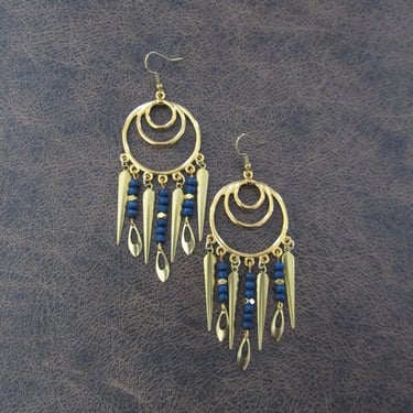 Blue and gold chandelier earrings, gypsy crystal dangle earrings 