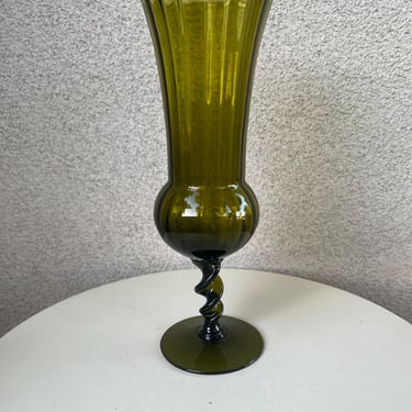 Vintage Tall Olive Green Vase Glass Pedestal Swirl Base Empoli Italy. size 12 3/4” X 4 1/4” 