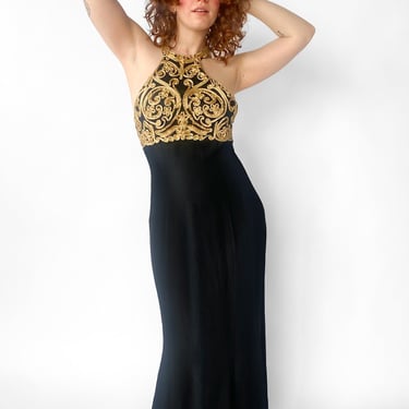 1990s Black & Gold Embellished Maxi Dress, sz. S