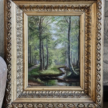 Original Antique Danish Oil Painting, Forest Landscape by R.Rasmussen 