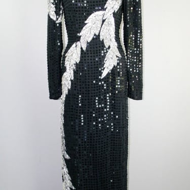 Bow Chicka Wow Wow - Black Sequined Trophy Dress - Asymmetrical Hem - Low Back - Sexy Sheath - Wiggle Dress 