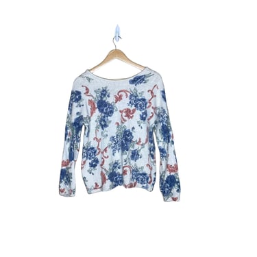 Vintage Arendine White Blue Floral Angora Silk Blend Low Back Sweater, Size M 