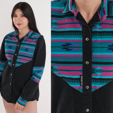 Southwestern Shirt 90s Button Up Collared Western Top Black Pink Teal Geometric Tapestry Print Rodeo Long Sleeve Vintage 1990s Banjo Medium 