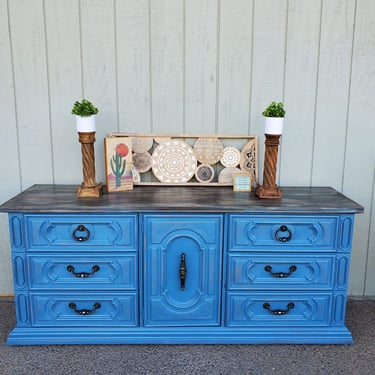 Blue Dresser / Cabinet with Weathered Wood Finish on Top
