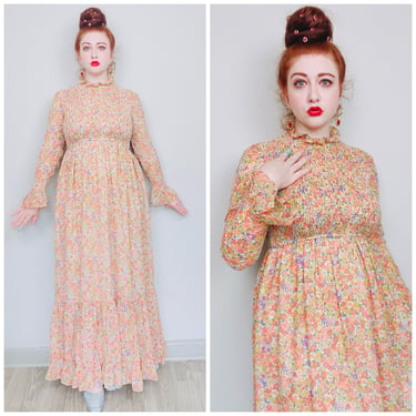 1970s Vintage Miniature Floral Smocked Elastic Maxi Dress / 70s / Seventies Victorian High Neck Cotton Gown / Size Large - XL 
