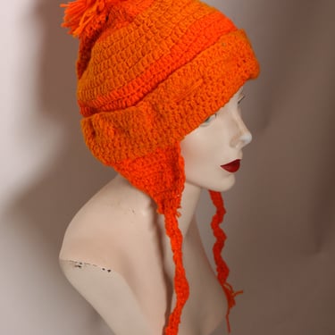 1970s Orange Crochet Handmade Ear Flap Tassel Winter Stocking Cap Hat 