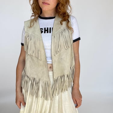 1970s Suede Vest Fringe Leather Beige Tan Top 