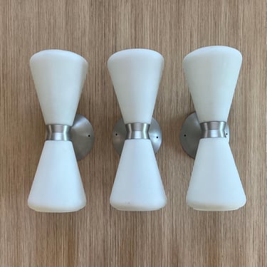 set of 3 midcentury double cone sconces in hand blown glass and aluminum 