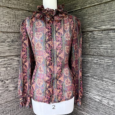 vintage paisley ruffle blouse frill neck sheer boho button down top large 