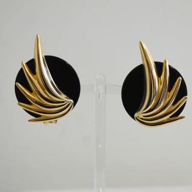 1980s Black and Gold Statement Clip Earrings 