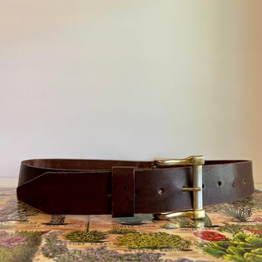 Vintage 90s Brown Genuine Leather Chunky Golden Buckle Belt - Large 