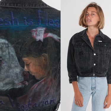 Be a Vegetarian Jacket Y2K Guess Black Denim Jacket Cropped Jean Jacket Button up Airbrushed Cow Print Crop Coat Vintage 1990s Medium M 