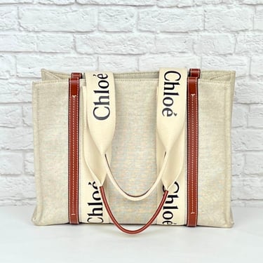 Chloe Woody Linen Tote, White/Brown