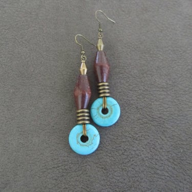 Wooden and turquoise earrings, blue howlite tribal earrings, boho chic earrings, bohemian earrings, ethnic earrings, rustic artisan 