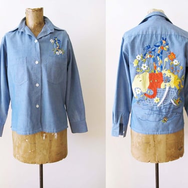 Vintage 70s Noahs Ark Patchwork Chambray Shirt S - 1970s Embroidered Animal Button Up Long Sleeve - Giraffe Elephant Lion 