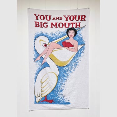 Vintage 1960s Novelty Beach Towel by Cannon, Humorous Sexy Mid-Century Illustration of Beach Babe and Pelican, 50" x 27" 