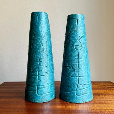 Cool Pair of Modernist Teal Studio Pottery Lamp Bases 1952 Artist Signed Vintage 