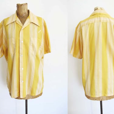 Vintage 60s Mr. California Button Up Shirt M - 1960s Yellow White Stripe Short Sleeve Button Down - Retro Rockabilly Surf Style 