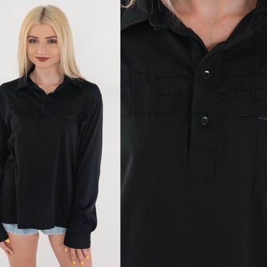 Black Polo Shirt 70s Half Button up Top Long Sleeve Polo Shirt Retro Collared Embroidered Square Print Plain Simple Vintage 1970s Large L 