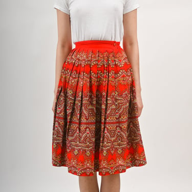 1950s Bright Red and Green Paisley Print Circle Skirt