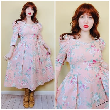 1980s Vintage Peach Pink Floral Fit and Flare Dress / 80s / Eighties Big Bow Cotton Garden Dress / Size Medium 