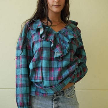 Vintage Flannel Shirt / 1990's Frilly Collar Shirt / Cotton Flannel / Button Up Shirt / Nineties Plaid Shirt 