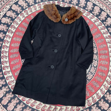 Vintage 1950’s Stimmell black wool coat with brown genuine fur collar | classic mid century winter coat, ladies S/M 