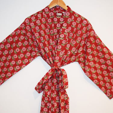 Hand Block Print Kimono, Cotton Bathrobe, Lightweight Cotton Robe, Cotton Dressing Gown, Short Kimono, Wood Block Print, Pink and Red Floral 